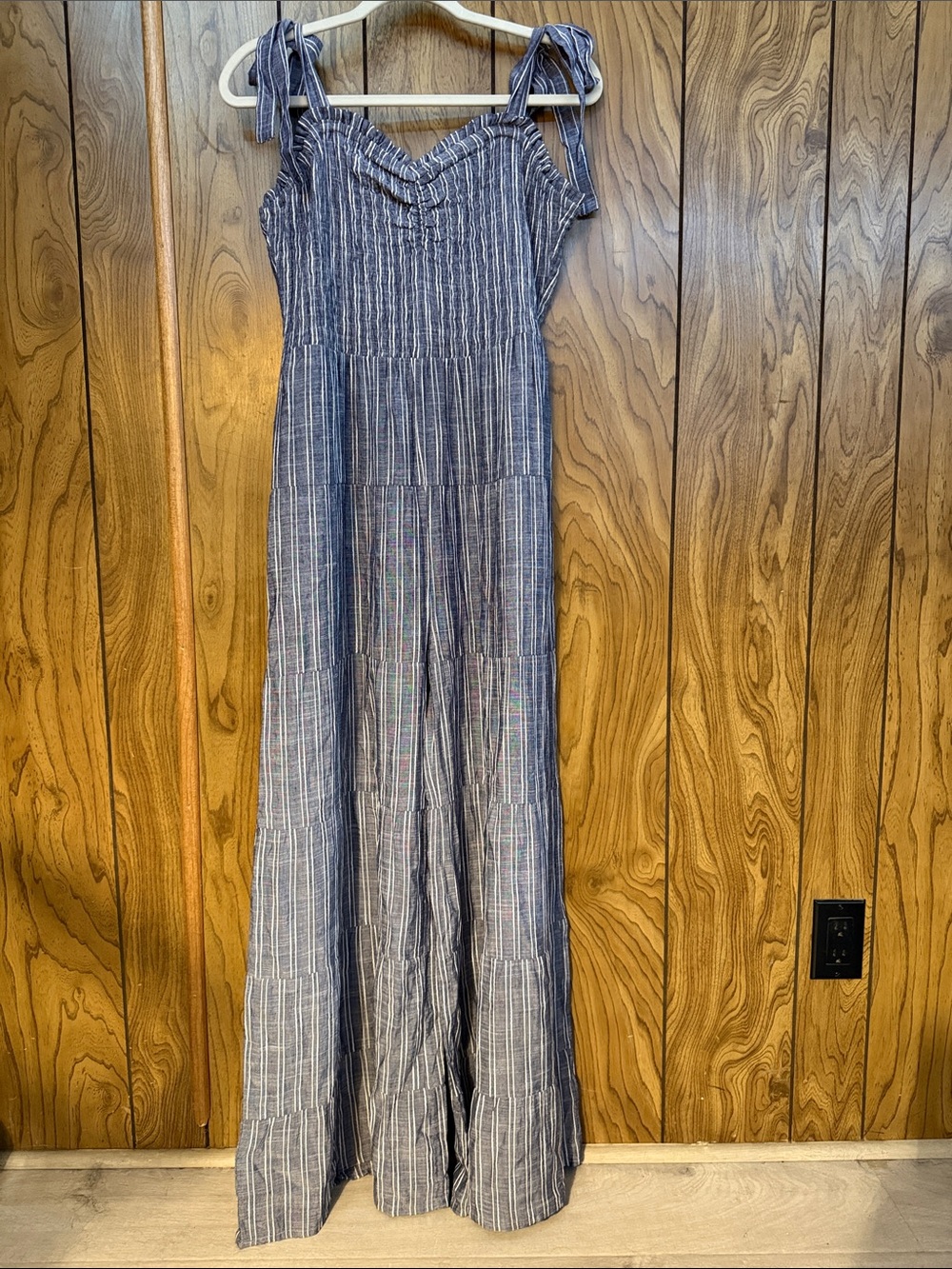 En Creme Blue and White Striped Tie-Shoulder Jumpsuit Large Rayon and Cotton